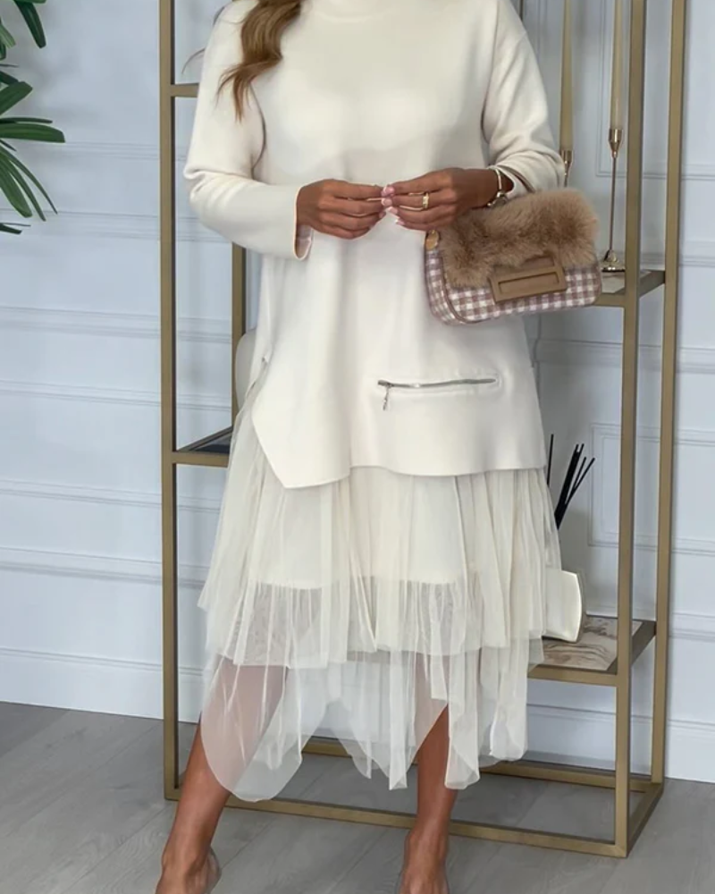 TAYLOR - Knit Turtleneck Zip-up Top and Elastic Loose Skirt Set