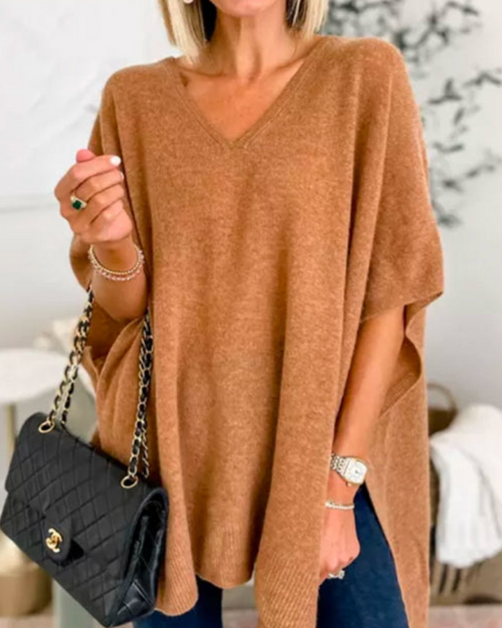 ERICA - V Neck Loose Fit Solid Poncho Tee