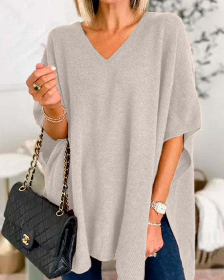 ERICA - V Neck Loose Fit Solid Poncho Tee