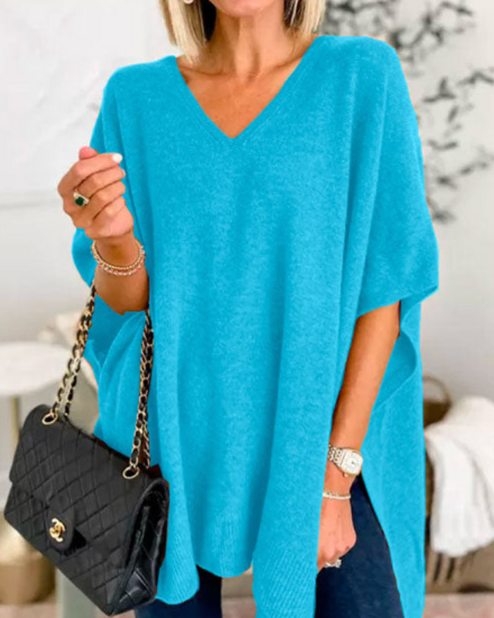 ERICA - V Neck Loose Fit Solid Poncho Tee