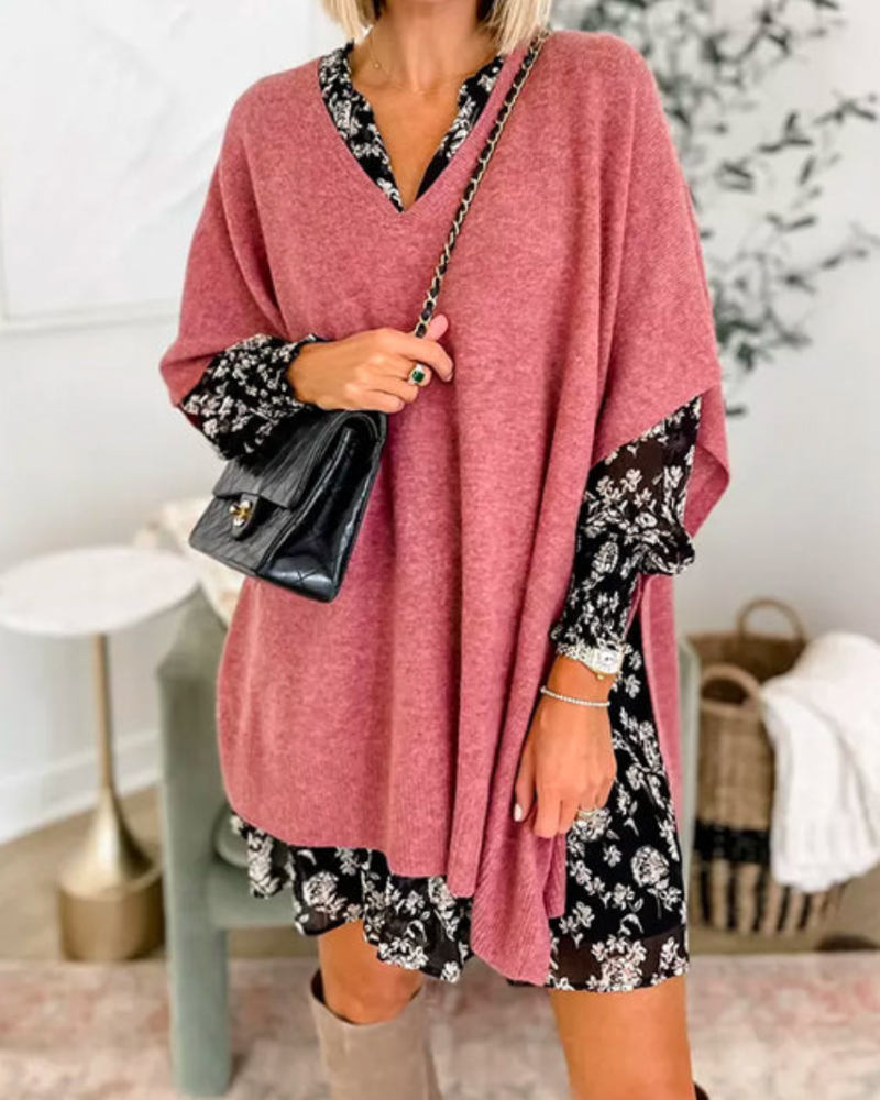 ERICA - V Neck Loose Fit Solid Poncho Tee