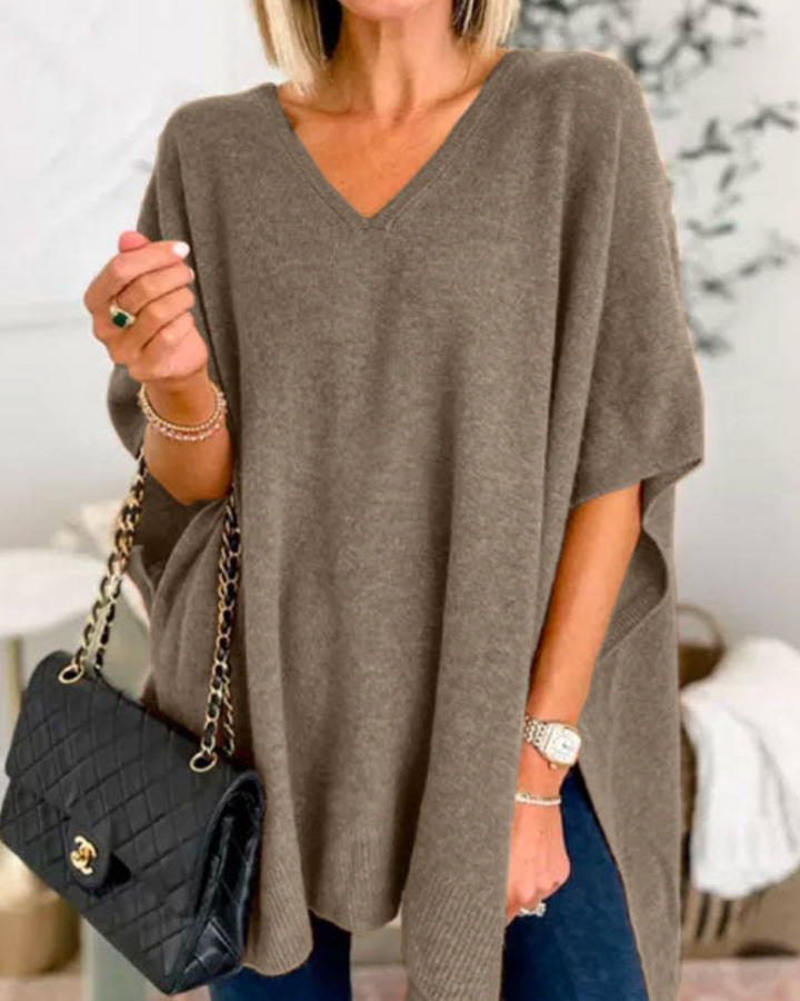 ERICA - V Neck Loose Fit Solid Poncho Tee