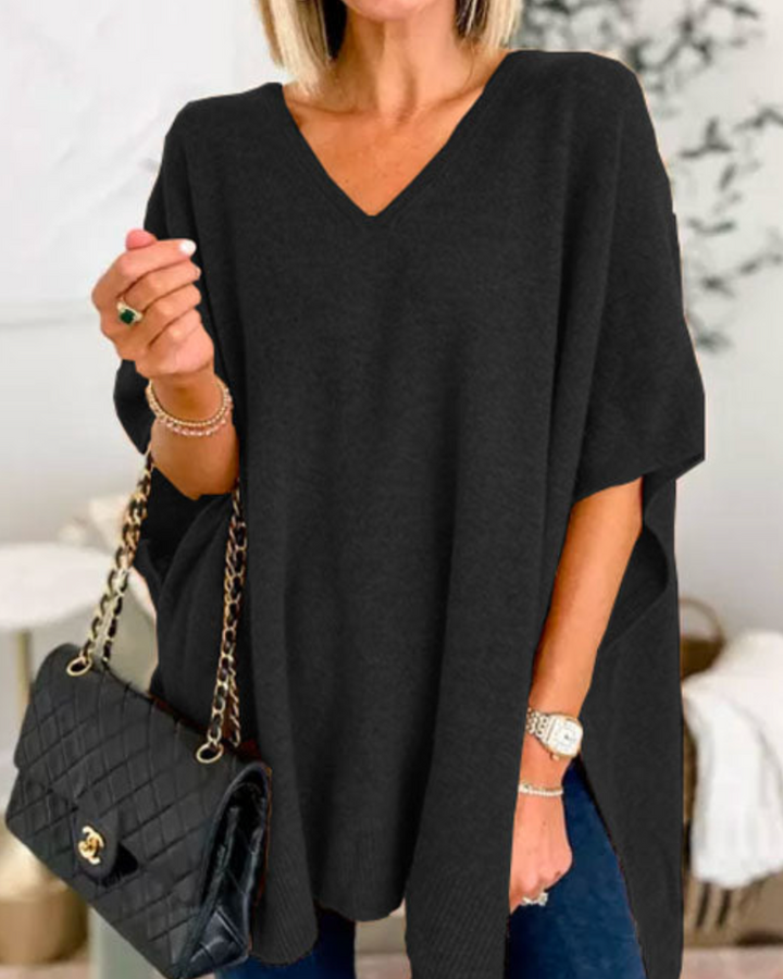 ERICA - V Neck Loose Fit Solid Poncho Tee