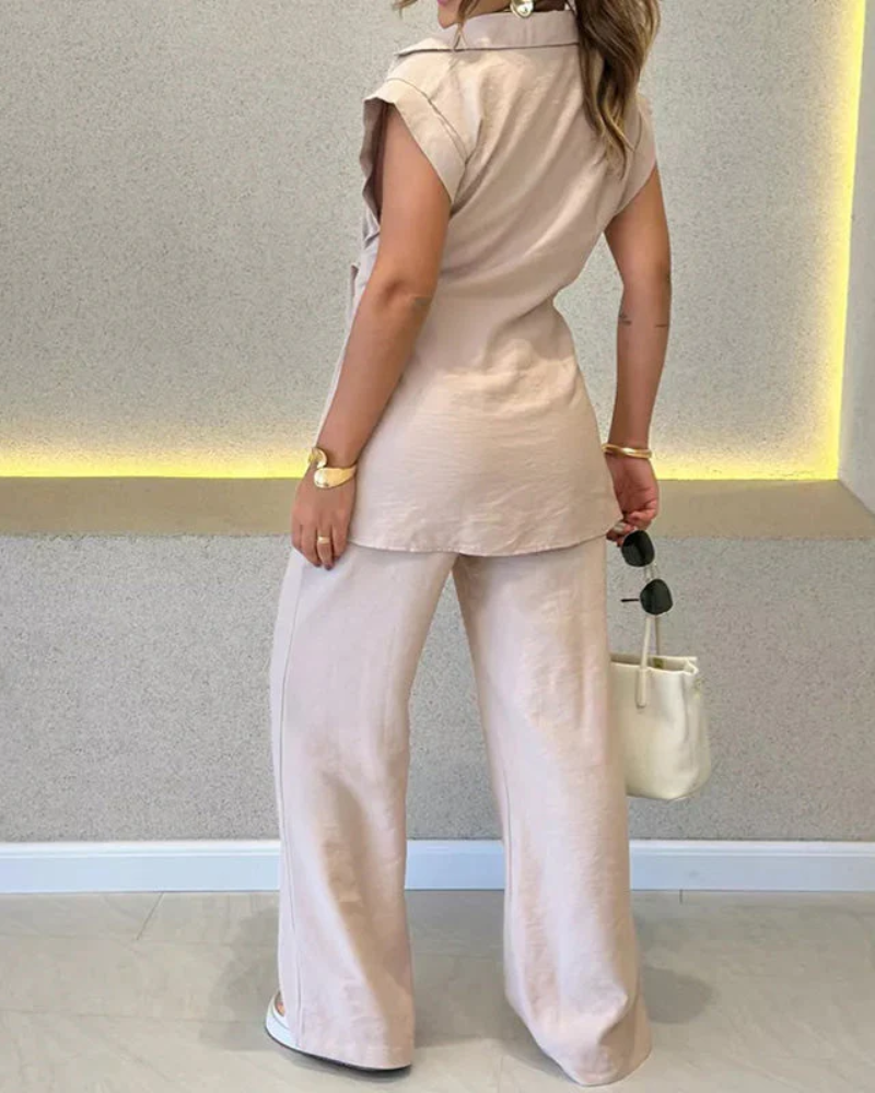 IVELE - Elegant Sleeveless Blouse and High Waisted Pants Set