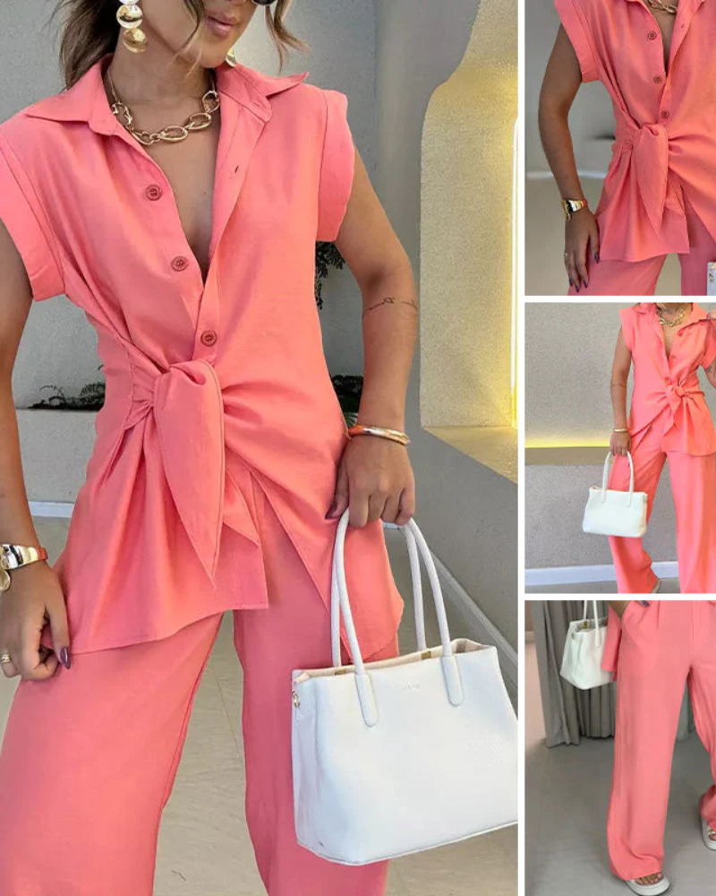 IVELE - Elegant Sleeveless Blouse and High Waisted Pants Set